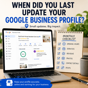 Business owner reviewing a monthly Google Business Profile checklist including opening hours, services, photos, reviews and contact details.