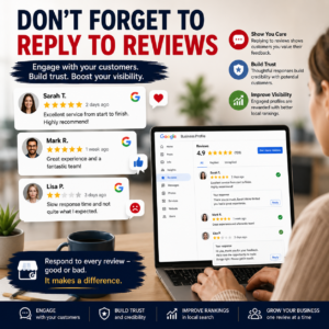 Small business owner responding to customer reviews on a Google Business Profile to build trust and improve local search visibility.