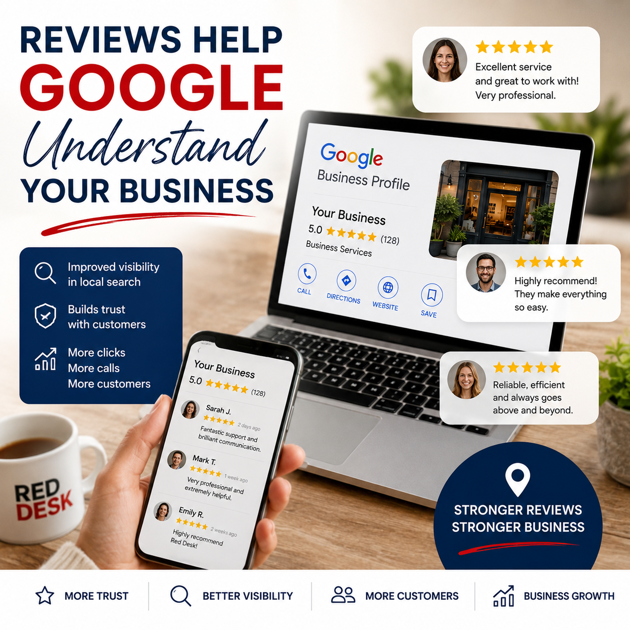 Business owner viewing Google reviews and customer feedback to improve local SEO and online visibility